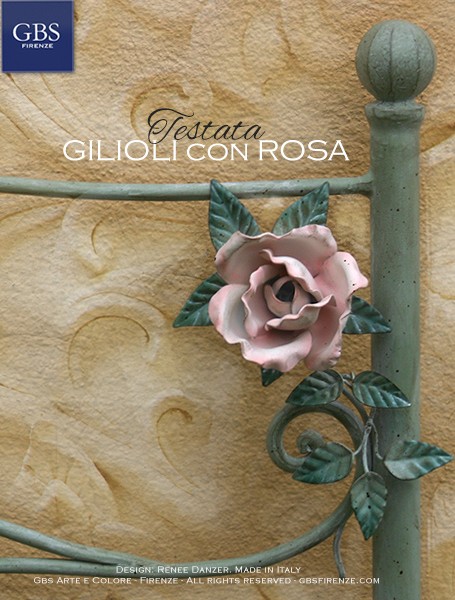 Letto Gilioli con Rosa. Tempera verde e rosa. Colori opachi. Camera romantica