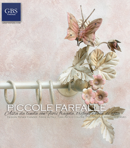 Asta da tenda in ferro battuto, collezione Romantica e Country, Fiori fragola, trifogli e bocci di rosa. GBS Firenze