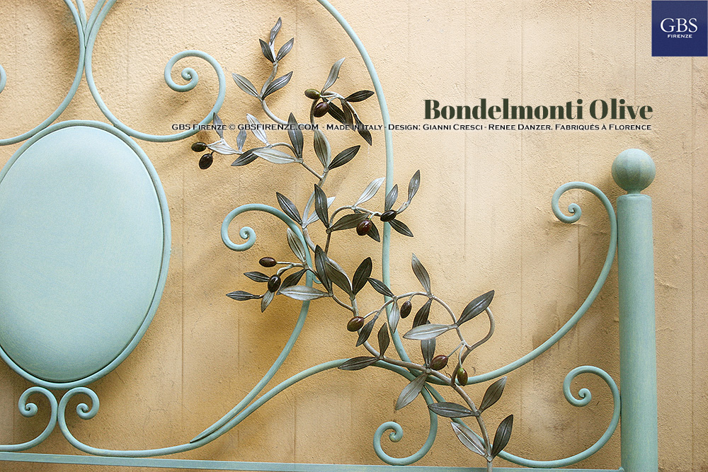 Letto Bondelmonti Olive. Dettaglio testiera. Ferro battuto e decorato a mano. Collezione Olive