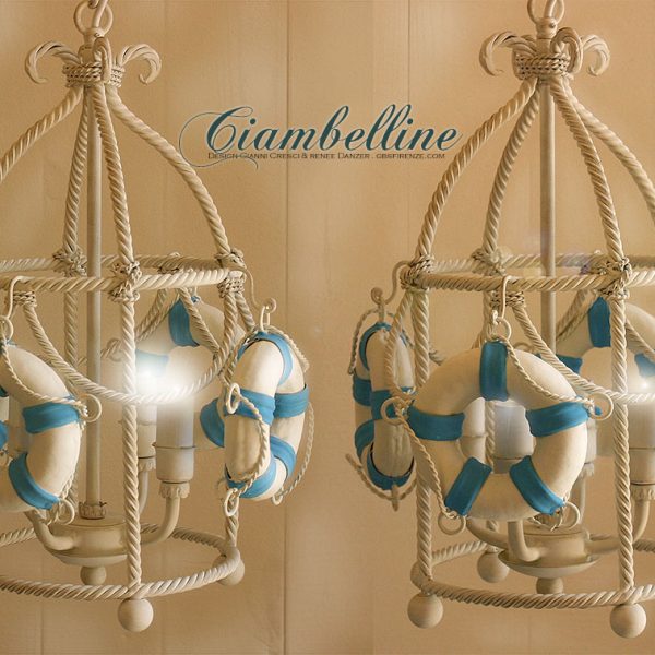 Ciambelle Lantern. Brunellesca Four Lights. Navy Collection. Hand-painted wrought and forged iron.