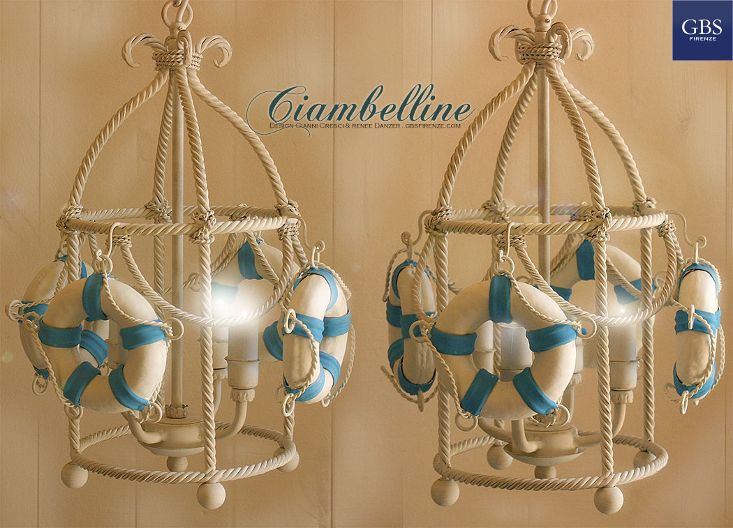 Ciambelle Lantern. Brunellesca Four Lights. Navy Collection. Hand-painted wrought and forged iron.