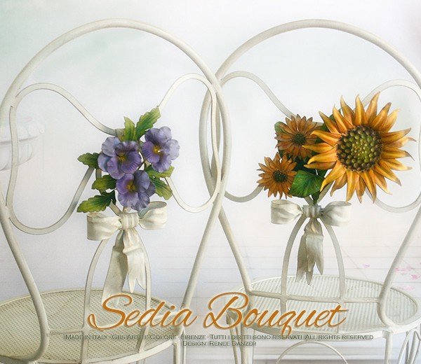 Sedia Bouquet. Girasoli e Viole. Ferro battuto bianco. Country Chic