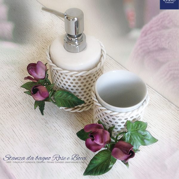 Blossoms and Roses Bathroom. Toothbrush holder and soap dispenser. Wrought iron.