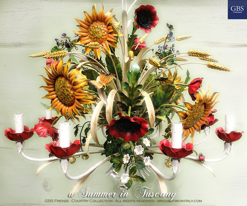 Sunflowers-and-Poppies-Chandelier-summer-in-Tuscany-Lampadario-Girasoli-papaveri-Tole-wrought-iron